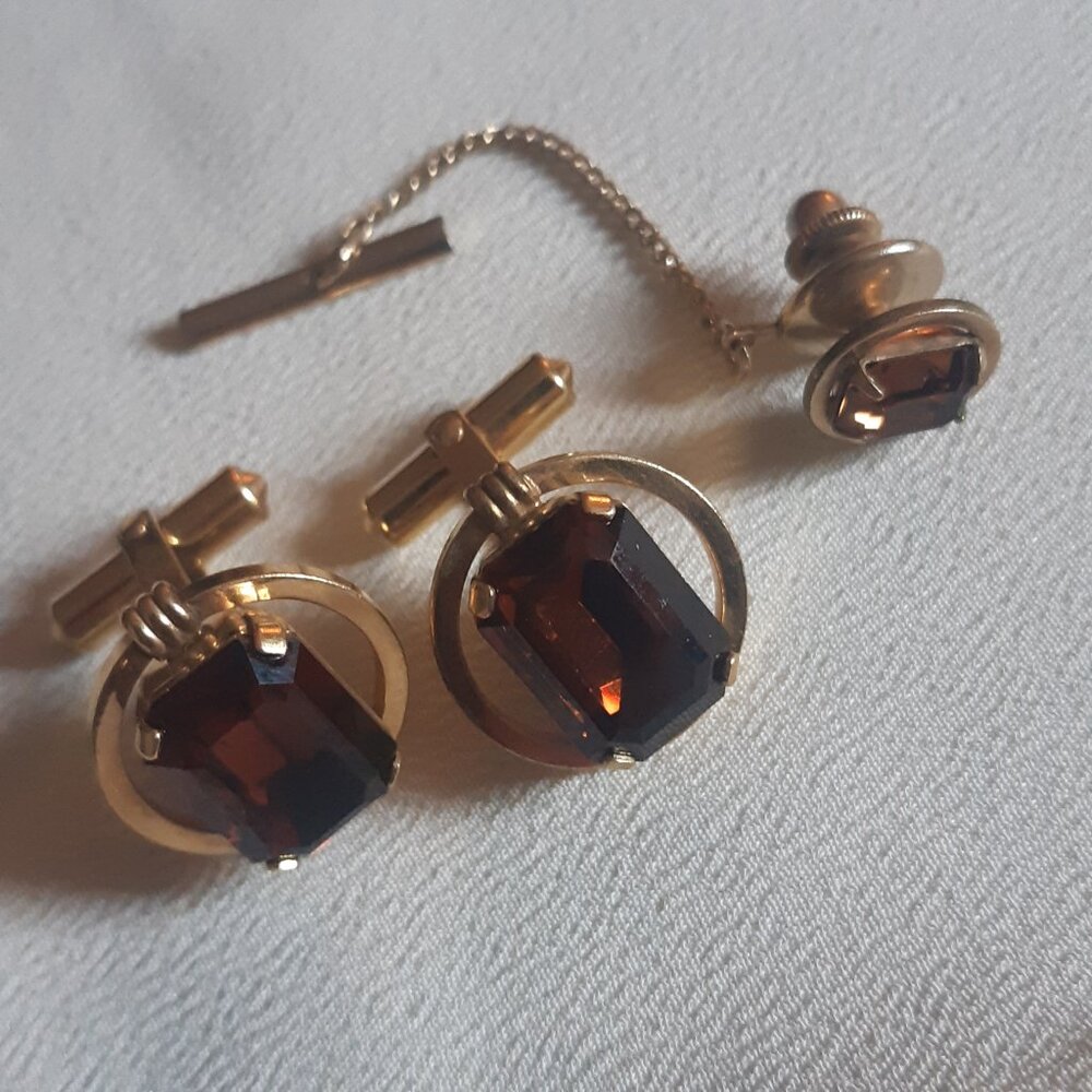 Rare Destino Vintage 12KG F Amber Glass Cuff Links & Tie Tack Set